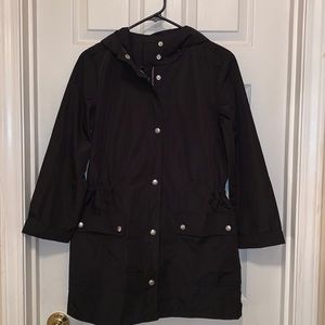 J. Crew Black Hooded Raincoat Drawstring Waist. Zip Snap Front Pockets. NWT